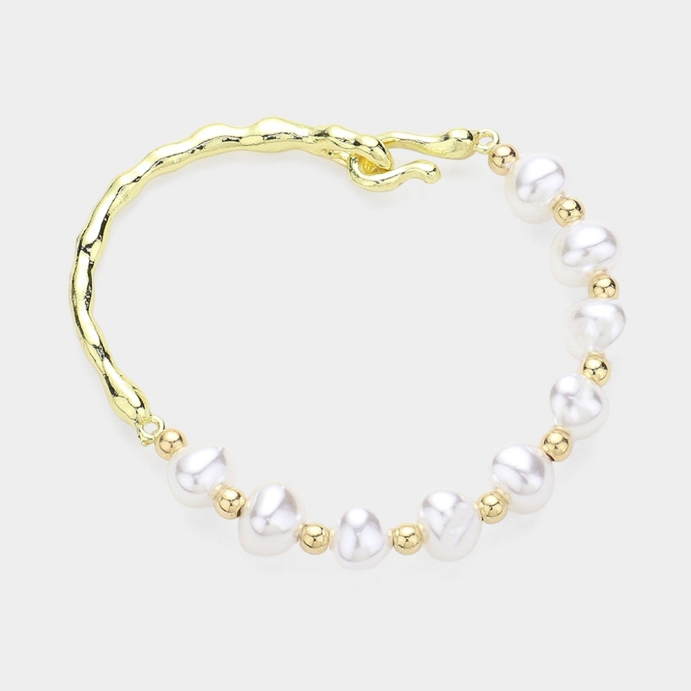 Cream Gold Pearl Ball Beaded Station Bracelet Hammered Metal